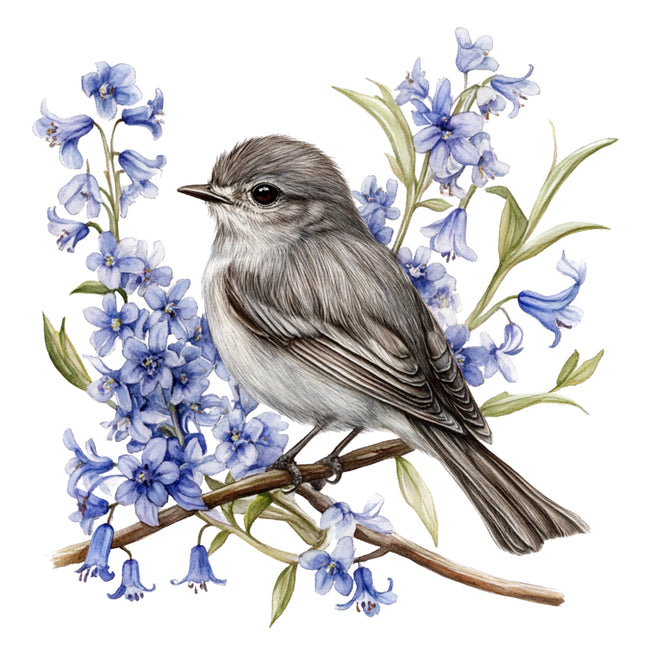 bird perched on a branch with blue flowers fabric panel
