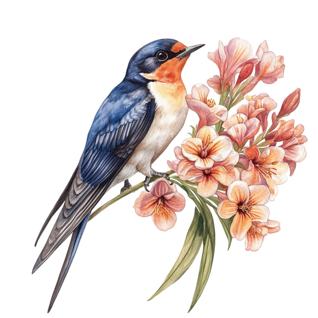 Colorful bird perched on a branch with pink flowers fabric panel