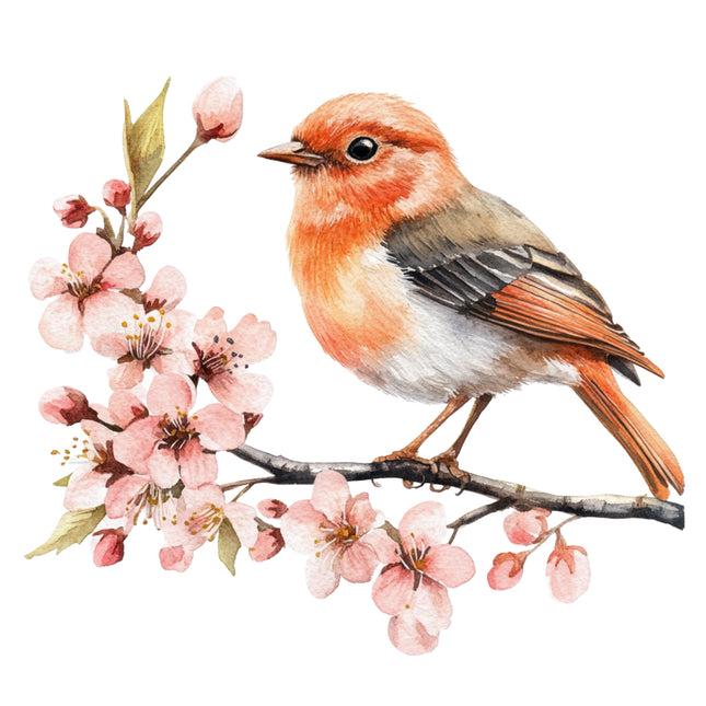 bird perched on a branch with pink flowers fabric panel