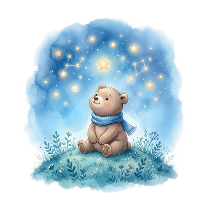 Bear Gazing at Starry Sky 100% Cotton Fabric Panel Block Quilt Square AN705