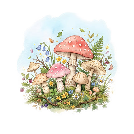 colorful mushrooms and flowers fabric panel
