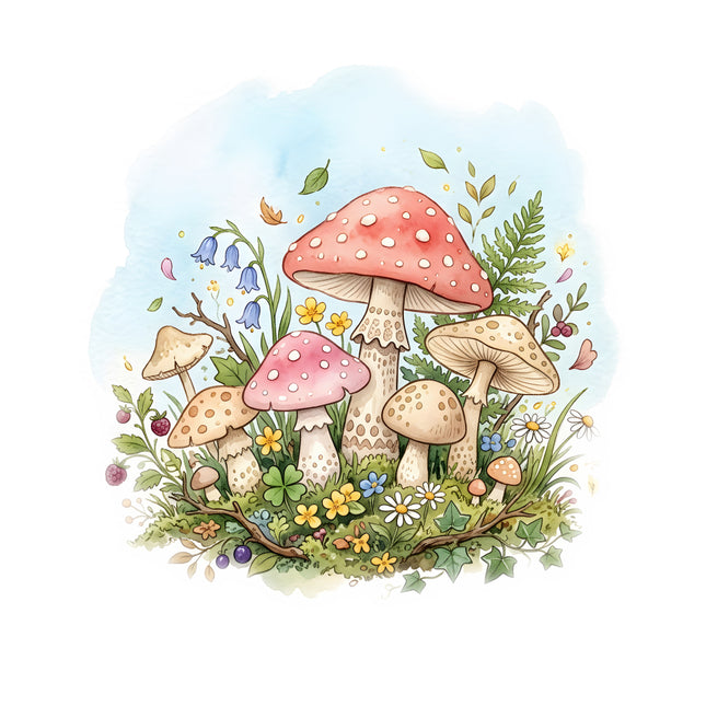 colorful mushrooms and flowers fabric panel