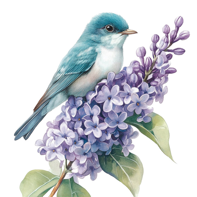 Blue bird perched on a branch of purple flowers with green leaves fabric panel