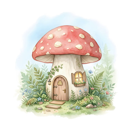 garden fairy mushroom house fabric panel