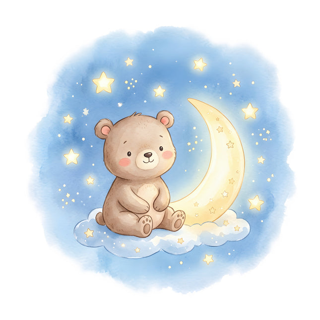teddy bear on moon under a starry sky fabric panel