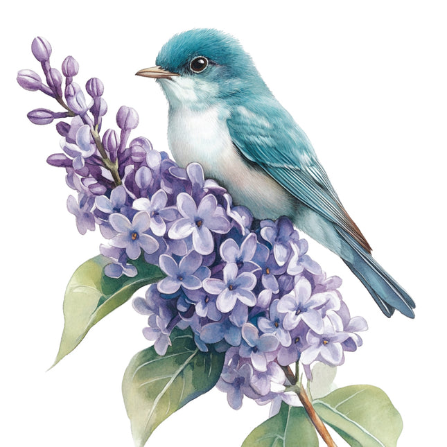 Blue bird perched on a branch of purple flowers with green leaves fabric panel