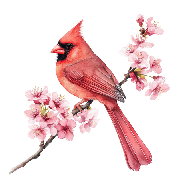 Red cardinal bird perched on a branch with pink flowers fabric panel