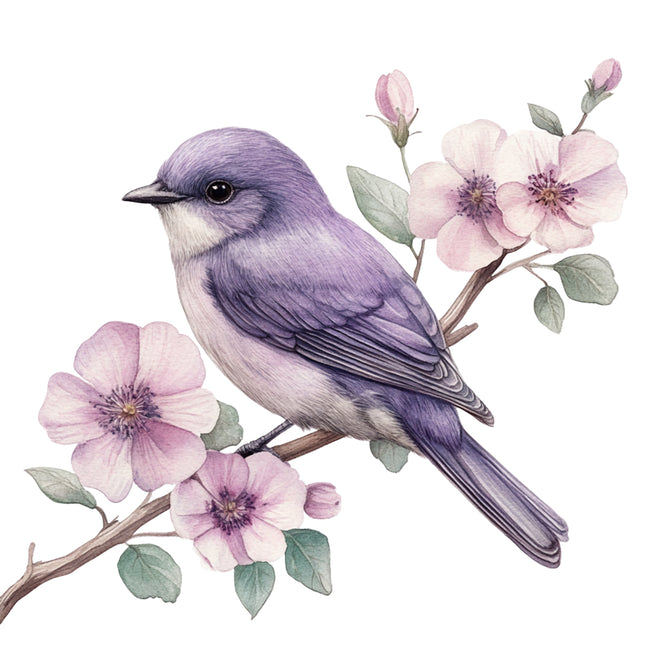 Purple bird perched on a branch with pink flowers fabric panel