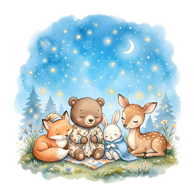 forest animals under a starry sky fabric panel