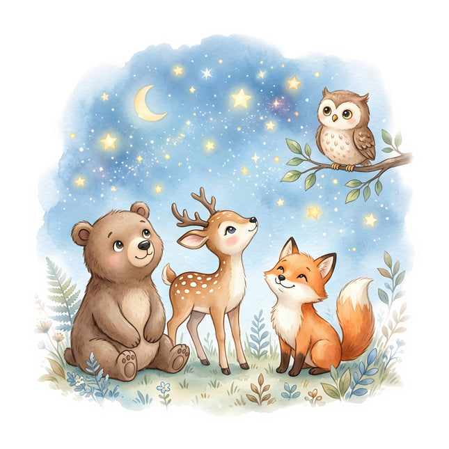 forest animals under a starry sky fabric panel