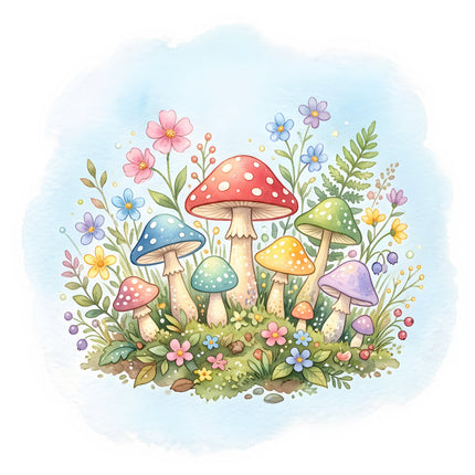 garden fairy mushrooms fabric panel