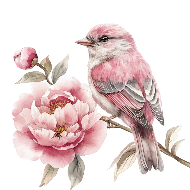 Pink bird perched on a branch with a pink flower fabric panel