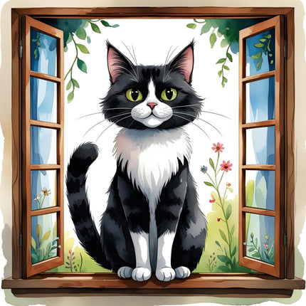 black & White tuxedo cat cotton fabric panel