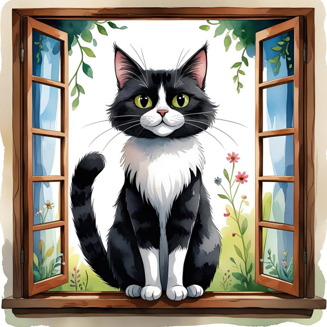 black & White tuxedo cat cotton fabric panel