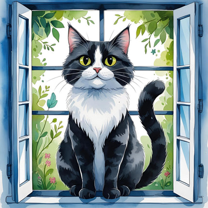 black & White tuxedo cat cotton fabric panel