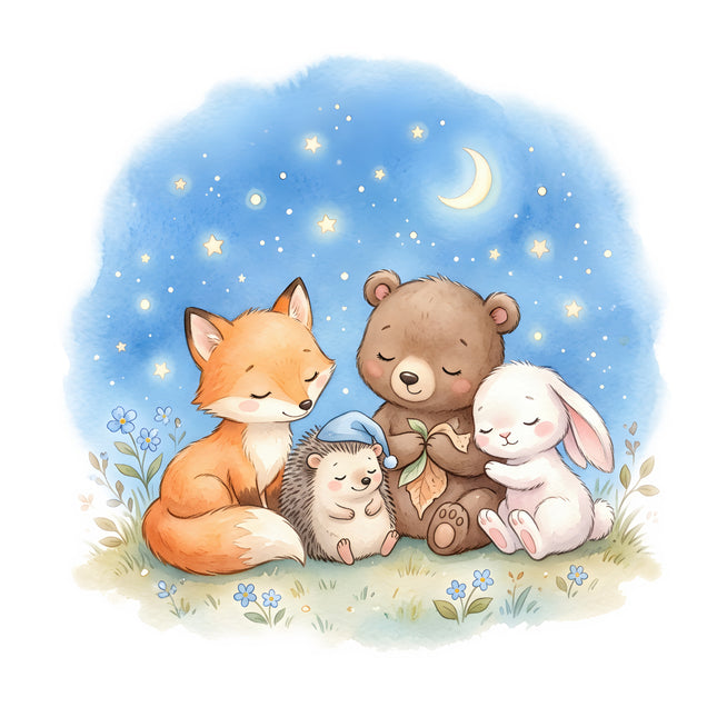 forest animals under a starry sky fabric panel