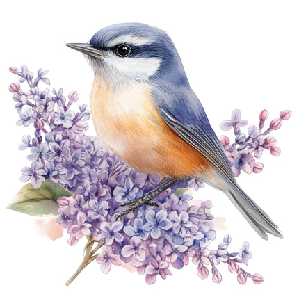 Bird perched on a branch with purple flowers fabric panel