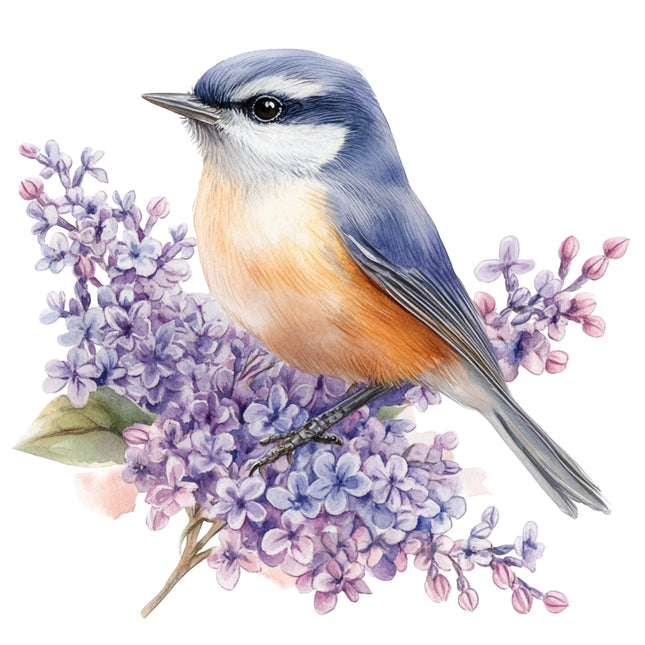 Bird perched on a branch with purple flowers fabric panel