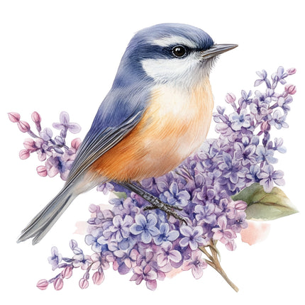 Bird perched on a branch of purple flowers quilt block