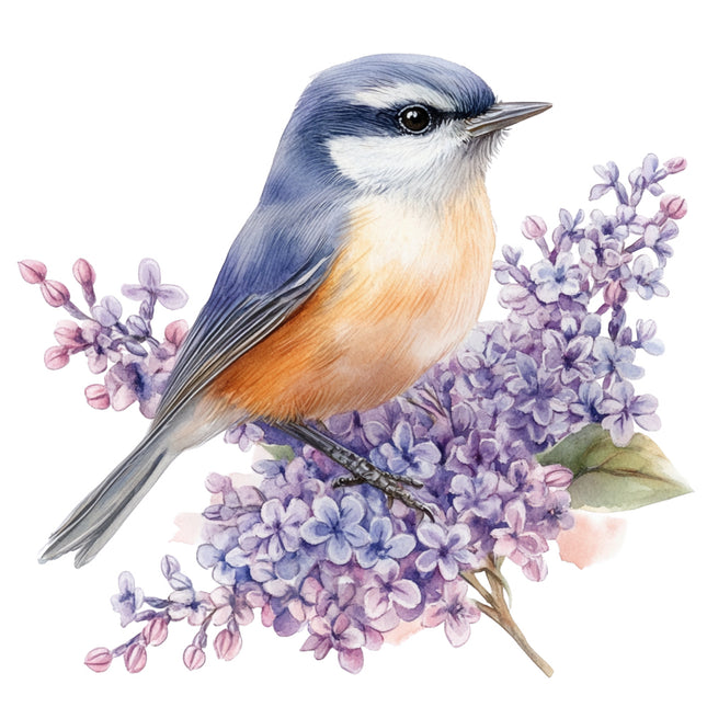 Bird perched on a branch of purple flowers quilt block