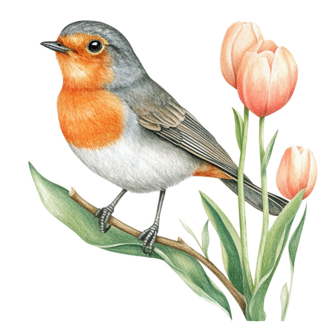 robin bird perched on a branch with pink tulips quilt block