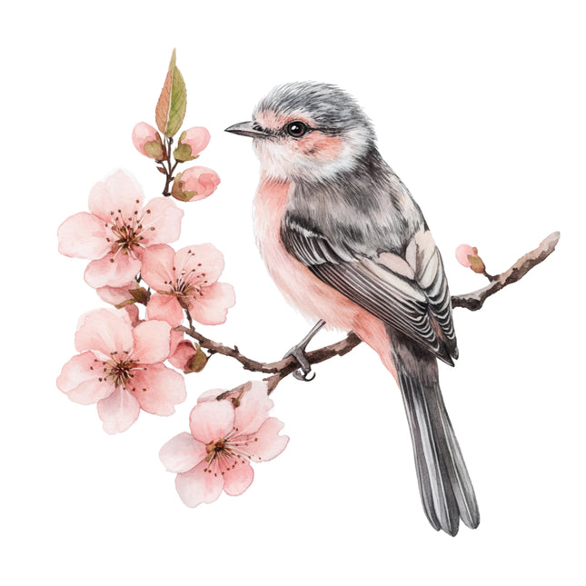 Bird perched on a branch with pink flowers fabric panel