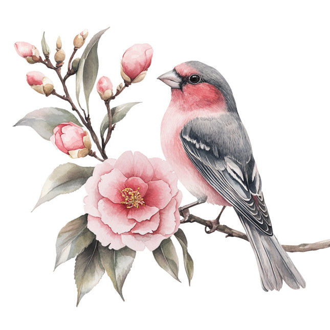 Bird perched on a branch with pink flowers fabric panel