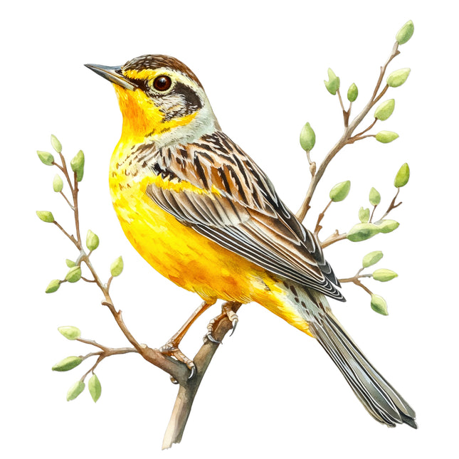 Yellow bird perched on a branch with green leaves fabric panel