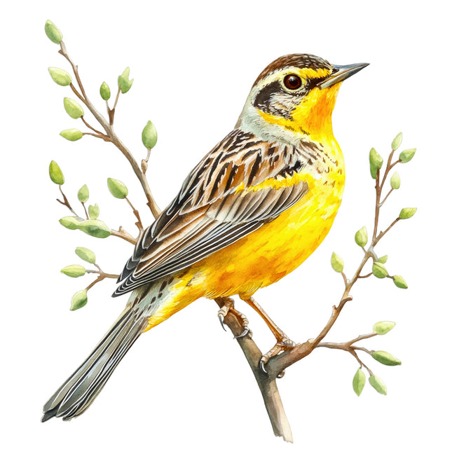 Yellow bird perched on a branch with green leaves quilt block