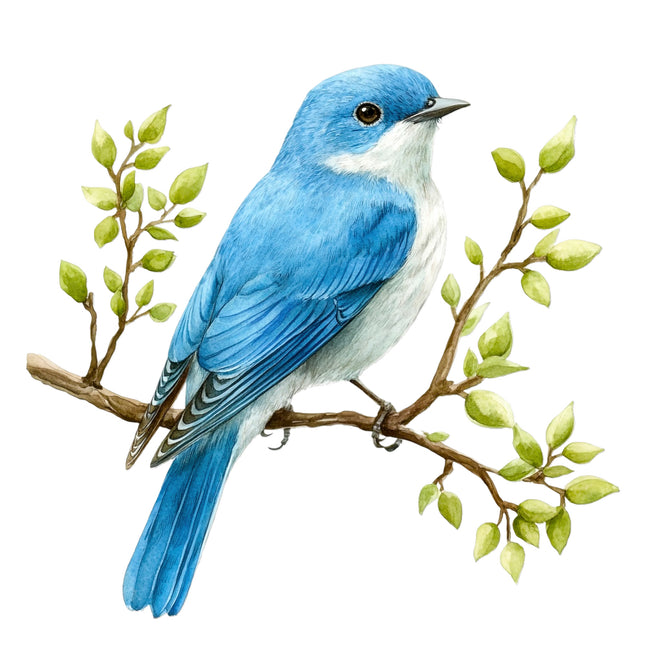 Blue bird perched on a branch with green leaves fabric panel