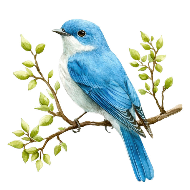 Blue bird perched on a branch with green leaves quilt block