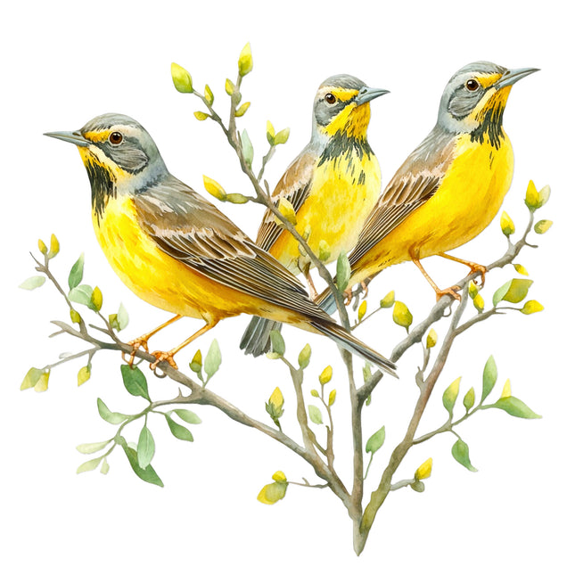 Three yellow birds perched on a branch fabric panel