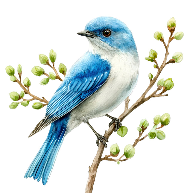 Blue and white bird perched on a branch cotton fabric panel