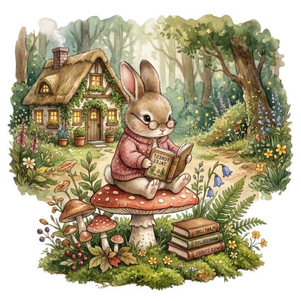 Cottage Rabbit Reading 100% Cotton Fabric Panel Block FLIP-AQ1673