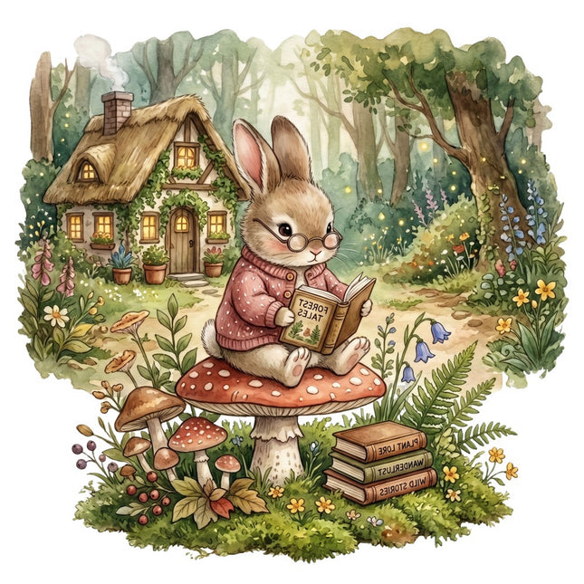Cottage Rabbit Reading 100% Cotton Fabric Panel Block FLIP-AQ1673