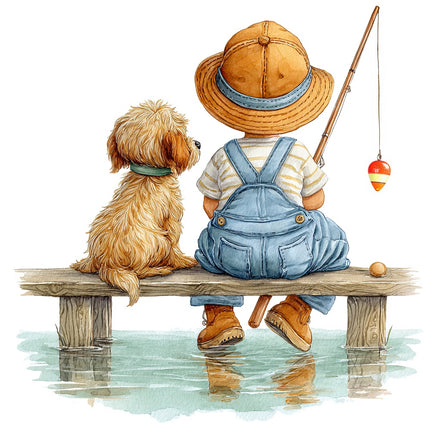 child and dog fishing fabric panel