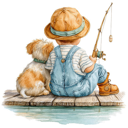 child and dog fishing fabric panel