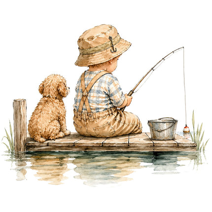 child and dog fishing fabric panel
