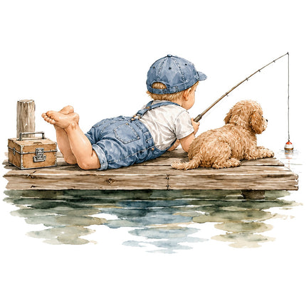 child and dog fishing fabric panel