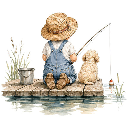 child and dog fishing fabric panel