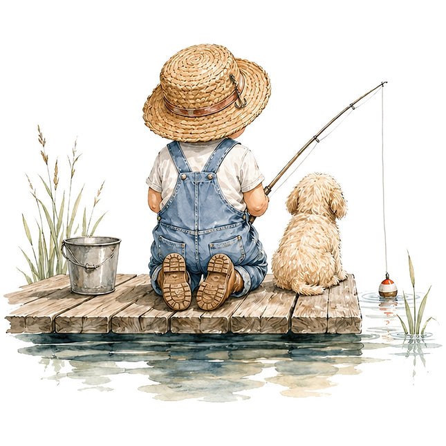 child and dog fishing fabric panel