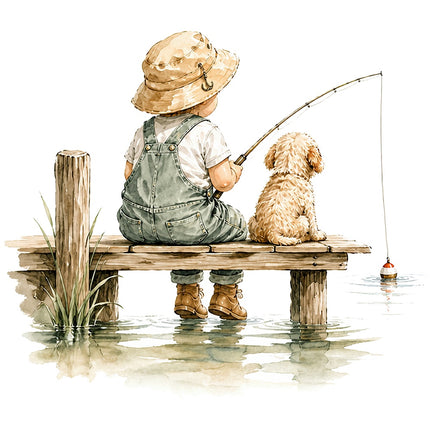 child and dog fishing fabric panel