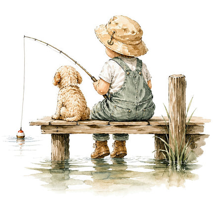 kid fishing with dog on pier fabric panel