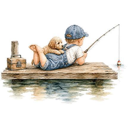 child and dog fishing on dock fabric panel