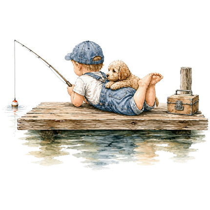 kid fishing with dog on pier fabric panel