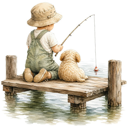 child and dog fishing on dock fabric panel