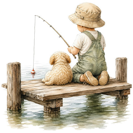 kid fishing with dog on pier fabric panel