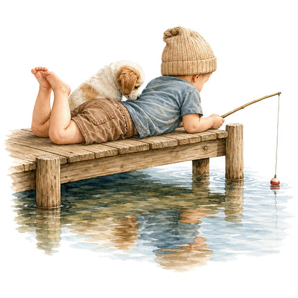 child and dog fishing on dock fabric panel