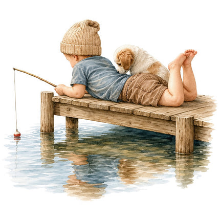 kid fishing with dog on pier fabric panel