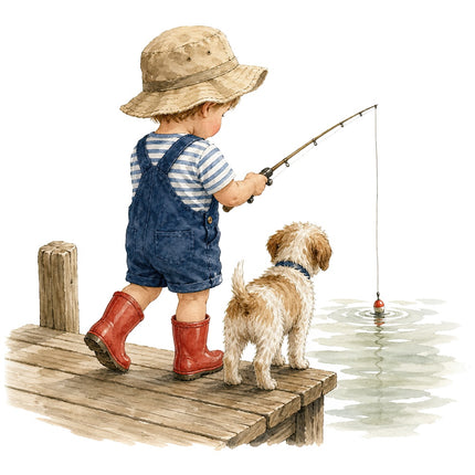 child and dog fishing on dock fabric panel
